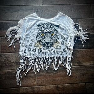 Freeze White Leopard crop t shirt with all over fringe M